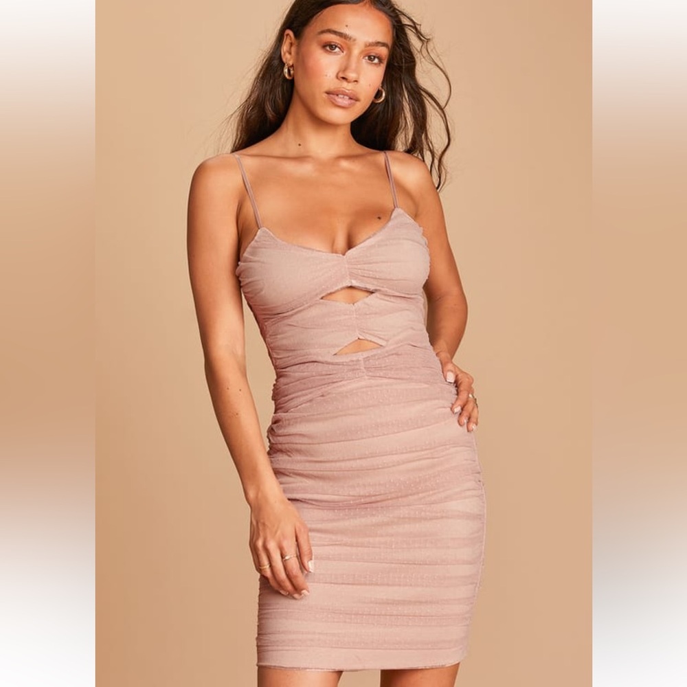 Lulu’s Posh Outlook Blush Swiss Dot Cutout Bodycon Dress, size small. NWT